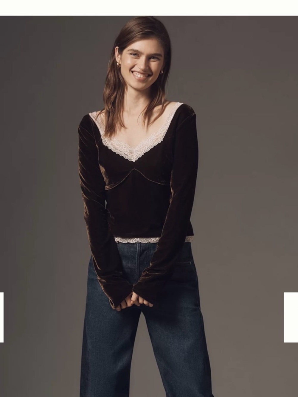 NWT Anthropologie Velvet Lace V-Neck Blouse Top XL $78 Chocolate Brown Pink